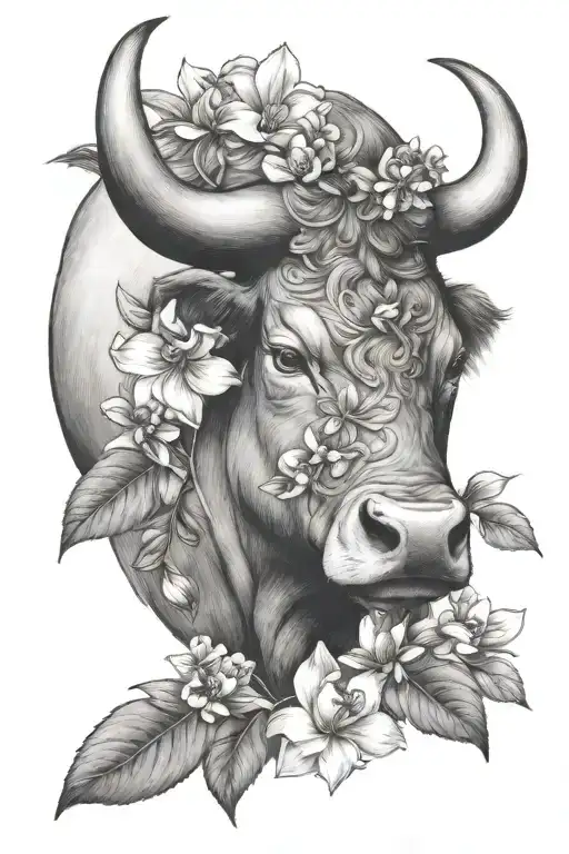 Taurus bull and May birth flowers tattoo design idea
