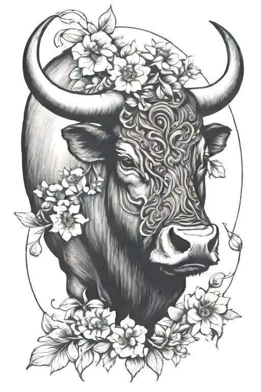 Taurus bull and May birth flowers tattoo design idea