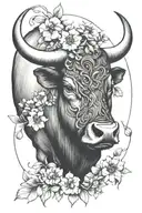 Taurus bull and May birth flowers tattoo design idea