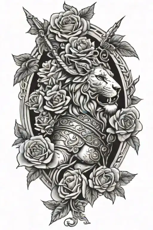 gladiator, lion, roses, angel falling tattoo design idea