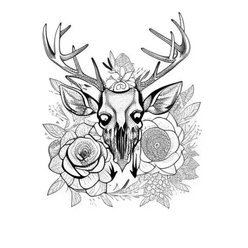 deer skull with flowers around it  tattoo design idea