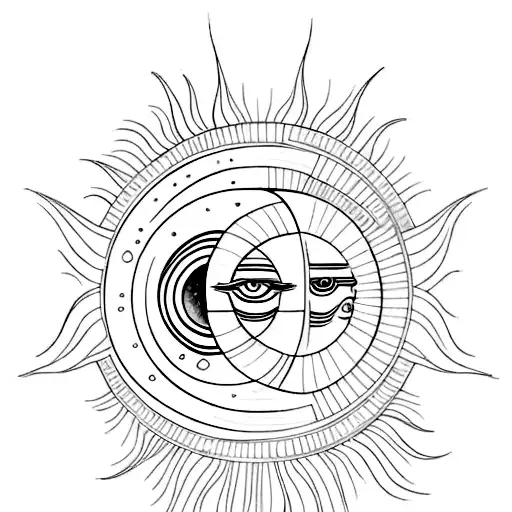 A psychedelic interpretation of the sun and moon merging together, symbolizing the harmony between day and night in nature tattoo design idea