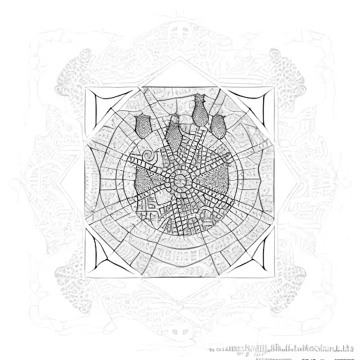 A dotwork tattoo featuring a stylized map of Iran with intricate patterns representing famous places like Persepolis, thirty-three bridges, Minarjanban, Hormuz Island, the Caspian Sea, and the names of big cities. tattoo design idea