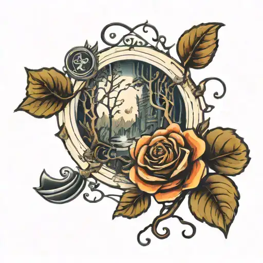 An EDM-inspired tattoo with a dark romance novel twist, incorporating elements like music notes, roses, and a mysterious silhouette reading a book in a forest setting tattoo design idea