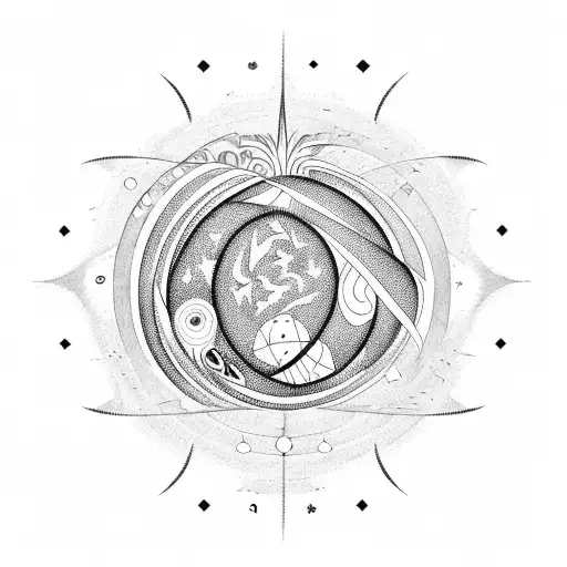 A geometric palm tree design intertwined with planets and stars from the solar system tattoo design idea