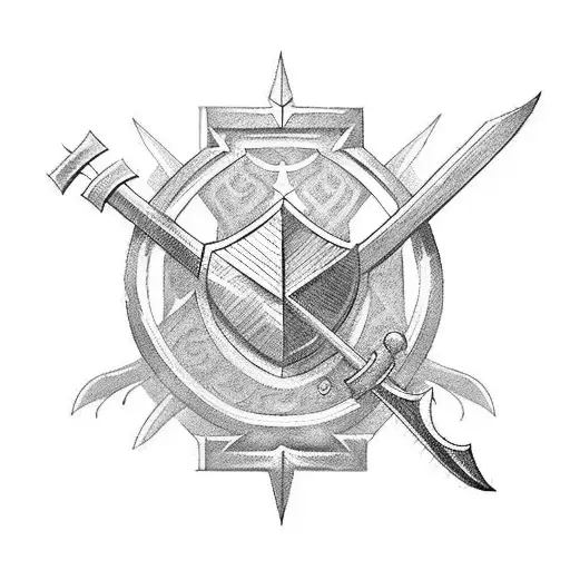 spear, helm and shield tattoo design idea