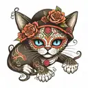 sugar skull cat playing tattoo design idea