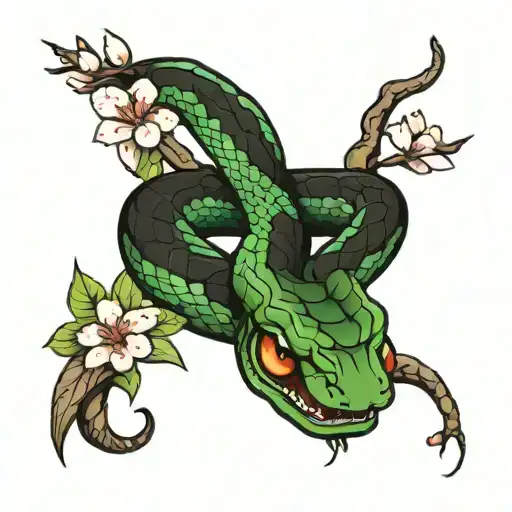snake and cherry blossom flowers tattoo design idea