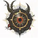 Satanic Realistic Eye, cracked and bleeding. dark black blood red. Bleeding Thorns spider web and horns Gold tattoo design idea