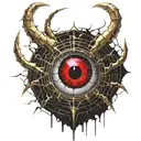 Satanic Realistic Eye, cracked and bleeding. dark black blood red. Bleeding Thorns spider web and horns Gold tattoo design idea