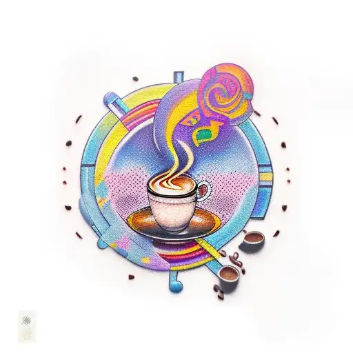 A colorful sunset with a coffee bean and musical instruments incorporated tattoo design idea