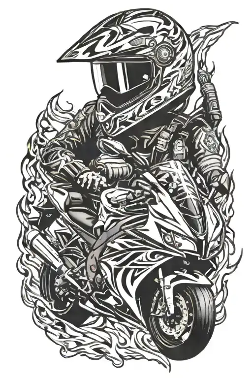 White Yamaha R6 and Firefighter helmet engulfed in flames tattoo design idea