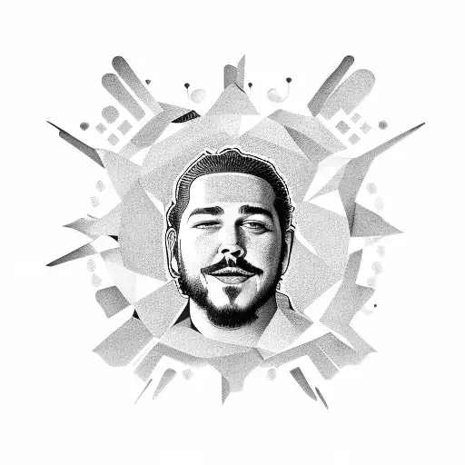 Post Malone's face surrounded by a celestial background tattoo design idea