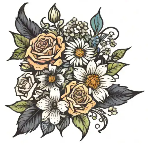 flower bouquet using November, March, January, August and July birth flowers tattoo design idea