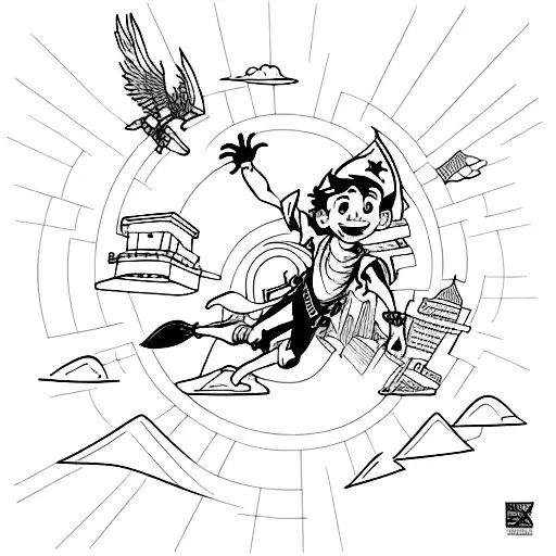 peter pan sobre ave fenix sobrevolando la ciudad tattoo design idea