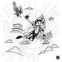 peter pan sobre ave fenix sobrevolando la ciudad tattoo design idea