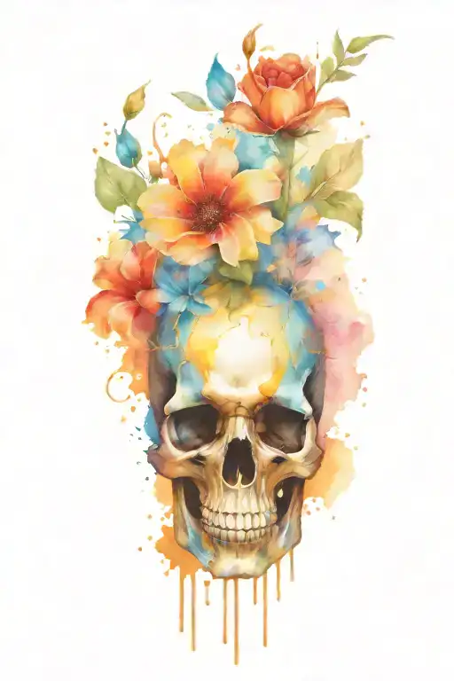 black skull with color draining into flower growing tattoo design idea