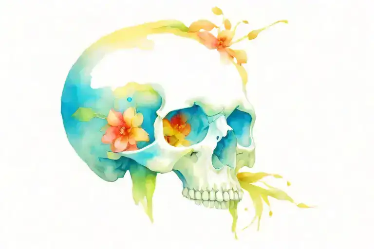 giant skull with color falling into flowers growing tattoo design idea