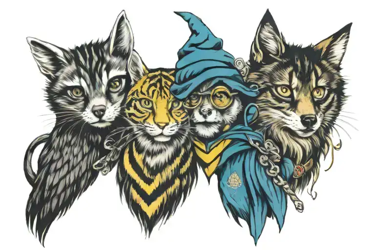 Bluey x Harry Potter Bandit Hufflepuff, Chilli Slytherin, Bluey Ravenclaw, Bingo Gryffindor tattoo design idea