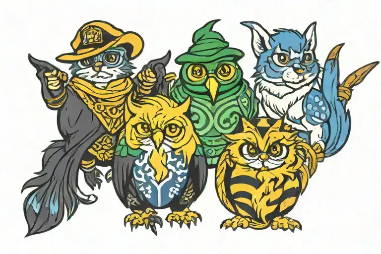 Bluey x Harry Potter Bandit Hufflepuff, Chilli Slytherin, Bluey Ravenclaw, Bingo Gryffindor tattoo design idea