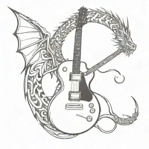 tribal art, electric guitar and dragon flying tattoo design idea