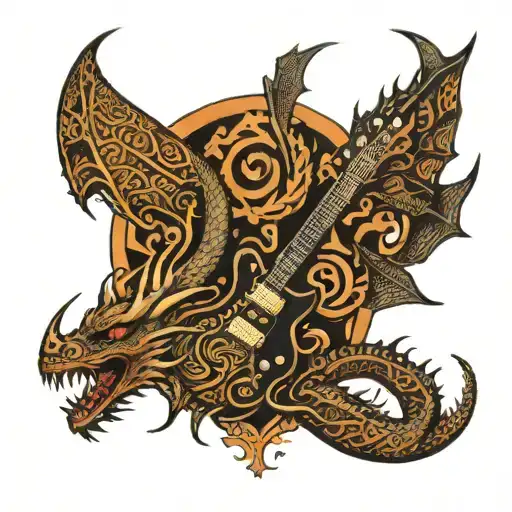 tribal art, electric guitar and dragon flying tattoo design idea