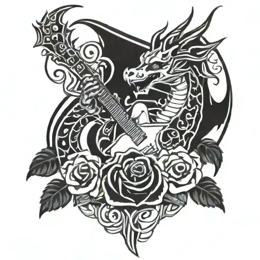 A tribal dragon intertwined with roses and electric guitar strings tattoo design idea