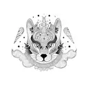 A whimsical blackwork tattoo of a cake decorated with animals and designer fashion elements. tattoo design idea