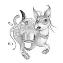 A whimsical blackwork tattoo of a cake decorated with animals and designer fashion elements. tattoo design idea