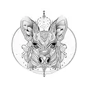 A whimsical blackwork tattoo of a cake decorated with animals and designer fashion elements. tattoo design idea