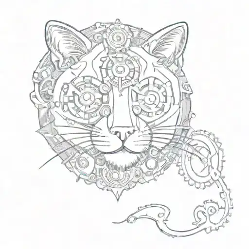 A tattoo design of a majestic manul cat adorned with steampunk gears and cogs, representing a unique blend of nature and technology tattoo design idea