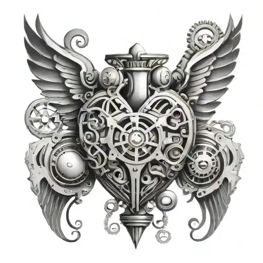 An intricate tattoo design showcasing a steampunk-inspired mechanical heart with wings, symbolizing the love for aviation and mechanics tattoo design idea
