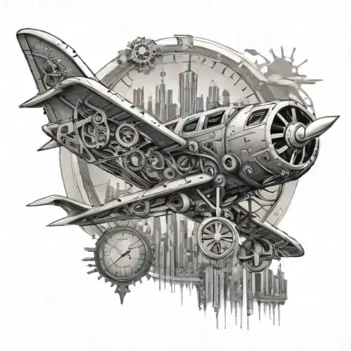 A steampunk-inspired design featuring a mechanical airplane and a futuristic cityscape in the background tattoo design idea