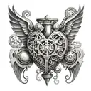 An intricate tattoo design showcasing a steampunk-inspired mechanical heart with wings, symbolizing the love for aviation and mechanics tattoo design idea