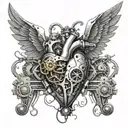 An intricate tattoo design showcasing a steampunk-inspired mechanical heart with wings, symbolizing the love for aviation and mechanics tattoo design idea