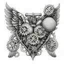 An intricate tattoo design showcasing a steampunk-inspired mechanical heart with wings, symbolizing the love for aviation and mechanics tattoo design idea