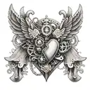 An intricate tattoo design showcasing a steampunk-inspired mechanical heart with wings, symbolizing the love for aviation and mechanics tattoo design idea