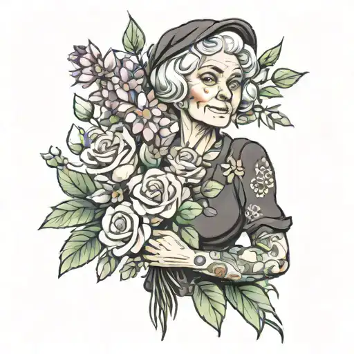 granny holding a bouquet tattoo design idea