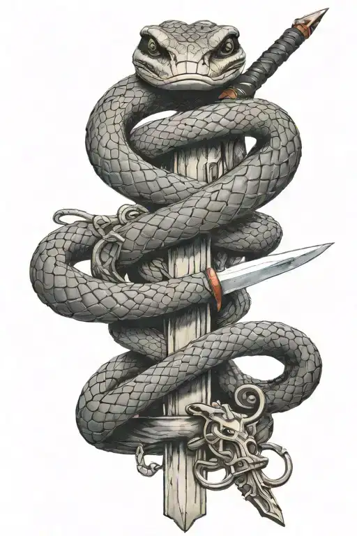 sword intertwined with a living snake and a dead snake tattoo design idea