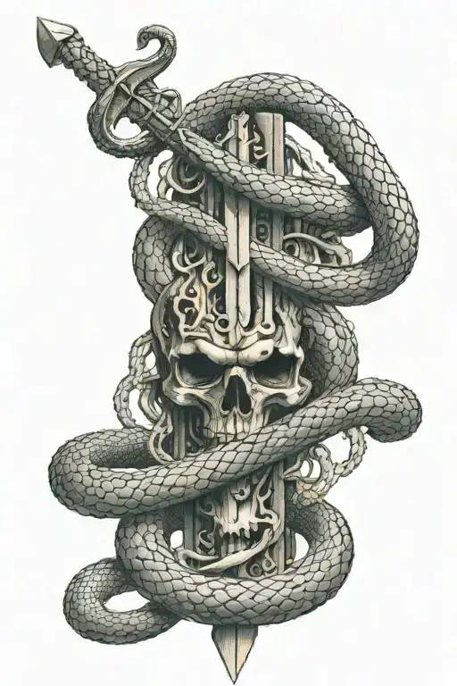 along the spine there is a sword intertwined with two snakes, one snake is alive, the other is dead tattoo design idea