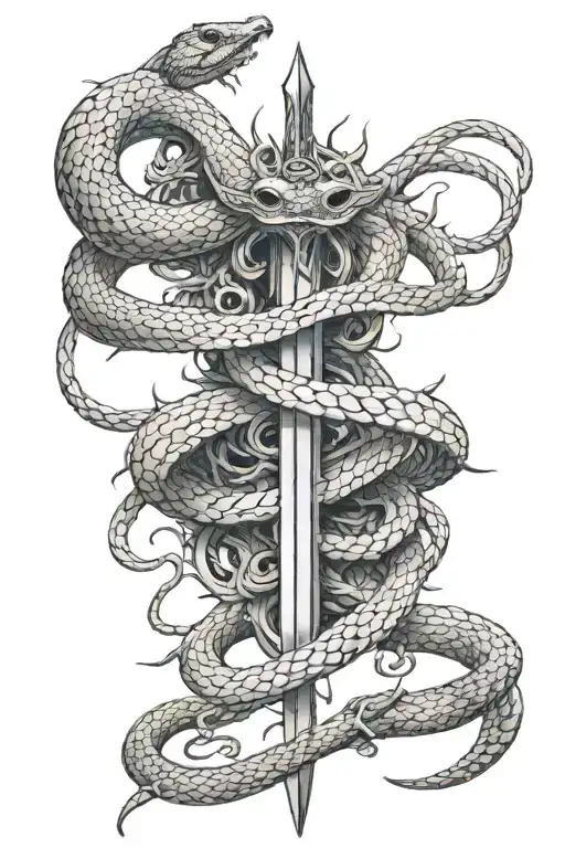tattoo on the back, a sword along the spine, an intertwined snake in two copies, one snake made of bones, the second a full-fledged snake tattoo design idea