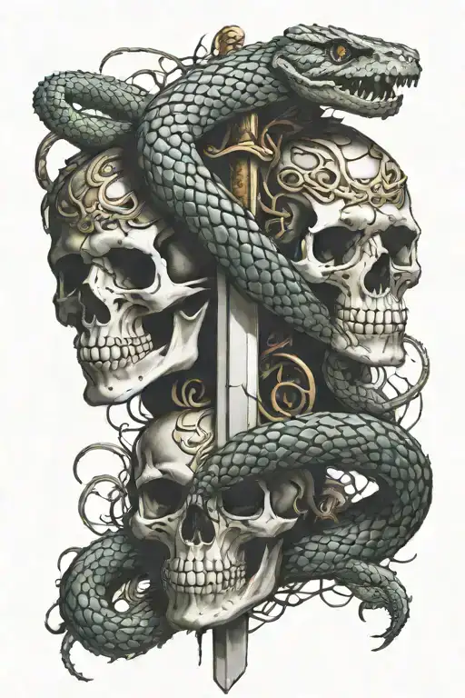 along the spine there is a sword intertwined with two snakes, one is a living snake, the second is from the skeleton of a snake tattoo design idea