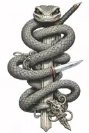 sword intertwined with a living snake and a dead snake tattoo design idea