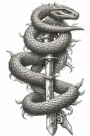 sword intertwined with a living snake and a dead snake tattoo design idea