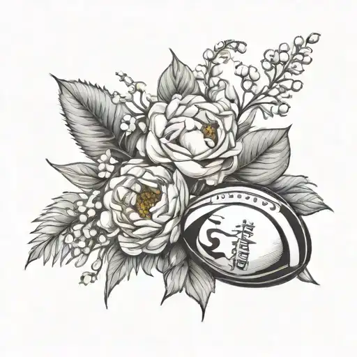 rugby ball and bouquet with peony, sunflower, Cheryl blossom and lily of the valley tattoo design idea