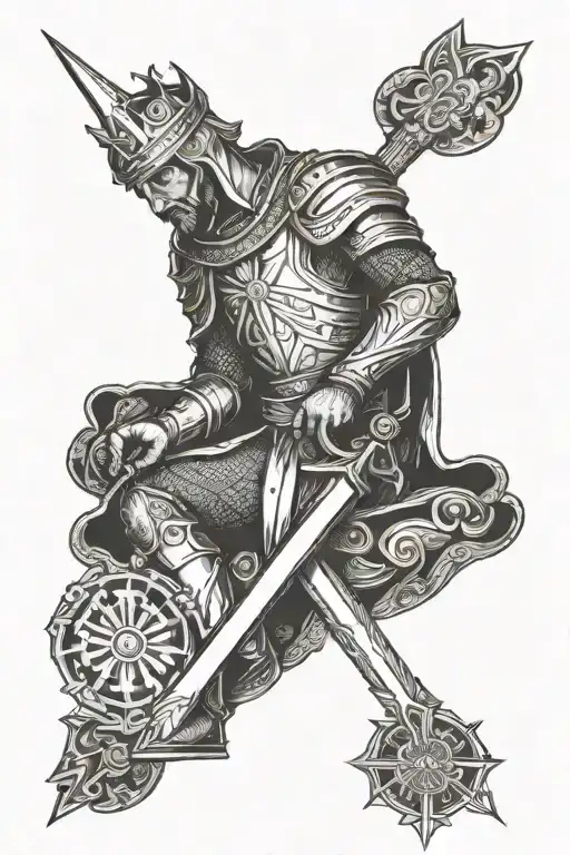 King Arthur kneeling with no helmet, lopsided crown, pulling the sword out the anvil tattoo design idea