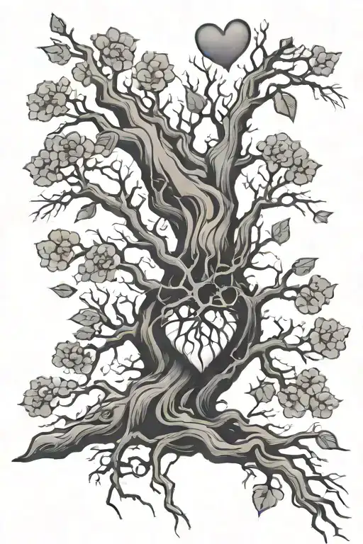 haunted looking tree with heart hanging from a branch tattoo design idea