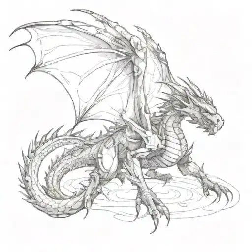 black destroyed dragon, crawling, spread wings, long tail, seen from above  tattoo design idea