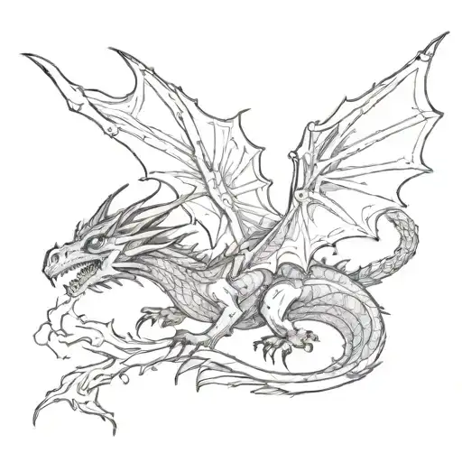 black destroyed dragon, crawling, spread wings, long tail, tattoo seen from above  tattoo design idea