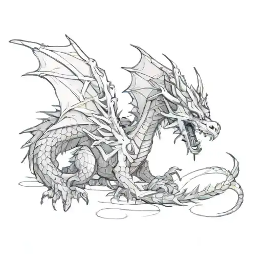 black destroyed dragon, crawling, spread wings, long tail, seen from above  tattoo design idea